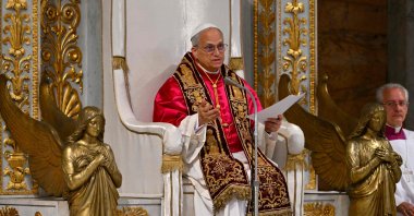 Pope Leo XIV speaks during a visit to the Tomb of St. Paul at the Basilica of Saint Paul outside the Walls in Rome, May 20, 2025. (AFP Photo)