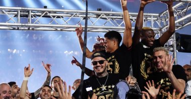 Galatasaray players celebrate after the team&#039;s record 25th Süper Lig title win at the RAMS Park, Istanbul, Türkiye, May 18, 2025. (AA Photo)