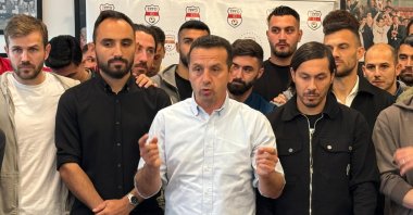 Turkish Professional Footballers Association (TPFD) President Saffet Akyüz speaks during a protest at the TFF’s Hasan Doğan National Training Center, Istanbul, Türkiye, May 20, 2025. (IHA Photo)