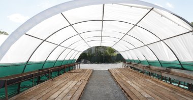 One of the tents set up for sacrificial animal sales and slaughter ahead of Eid al-Adha in Bağcılar, Istanbul, Türkiye, May 21, 2025. (IHA Photo)