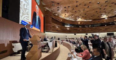 Health Minister Kemal Memişoğlu addresses the WHO assembly, Geneva, Switzerland, May 20, 2025. (AA Photo)
