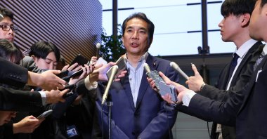 Japanese Minister of Agriculture, Forestry and Fisheries Taku Eto speaks to reporters at the Prime Minister&#039;s Office in Tokyo, Japan, May 19, 2025. (EPA Photo)