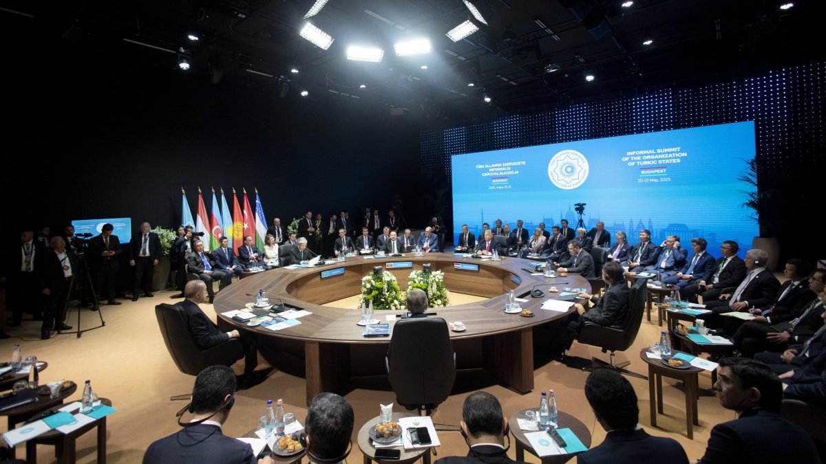 A handout photo made available by the Hungarian Prime Ministry&#039;s General Department of Communication shows Hungarian Prime Minister Viktor Orban (C-R) speaking during the informal summit of the Organization of Turkic States (OTS) at the Varkert Bazaar conference hall, Budapest, Hungary, May 21, 2025. (EPA Photo)