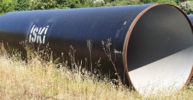 A large pipe marked with the ISKI logo, part of Istanbul’s water and sewerage infrastructure, Istanbul, Türkiye. (Shutterstock Photo)
