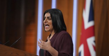 British Justice Secretary Shabana Mahmood speaks in the No. 9 Downing Street Media Briefing Room, in Westminster, London,  May 14, 2025. (Yui Mok/PA via AP)
