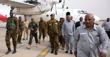 Sudanese Gen. Abdel Fattah al-Burhan arrives with his officials and guards at a military airport, Port Sudan, Sudan, Aug. 27, 2023. (Reuters Photo)