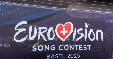 A logo of the Eurovision song contest is seen in front of the St. Jakobshalle arena, Basel, Switzerland, April 30, 2025. (Reuters Photo)