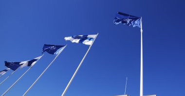 NATO and Finland flags flutter over the building of the Ministry of Foreign Affairs in Helsinki, Finland, Tuesday, April 4, 2023. (AP File Photo)