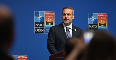 Foreign Minister Hakan Fidan addresses a press conference following an informal meeting of The North Atlantic Treaty Organisation (NATO) foreign ministers ahead of potential peace talks between Ukraine and Russia in Türkiye, in Antalya, May 15, 2025. (AFP Photo)