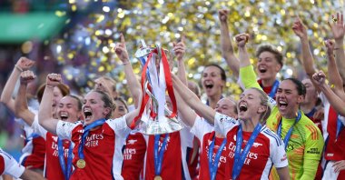 Arsenal players celebrate after beating Barcelona to win the Champions League at the Estadio Jose Alvalade, Lisbon, Portugal, May 24, 2025. (Reuters Photo)