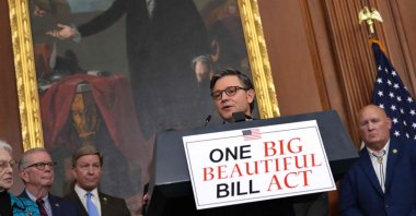U.S. Speaker of the House Mike Johnson (R-LA) speaks to the media after the House narrowly passed a bill forwarding President Donald Trump&#039;s agenda at the Capitol, Washington, D.C., U.S., May 22, 2025. (AFP Photo)
