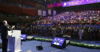 President Recep Tayyip Erdoğan addresses the Justice and Development Party&#039;s (AK Party) event, Istanbul, Türkiye, May 25, 2025. (AA Photo)