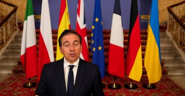 Spain&#039;s Minister of Foreign Affairs Jose Manuel Albares Bueno speaks to the media as he arrives to attend talks of the &quot;Weimar &quot; group focused on Ukraine and the future of European security at Lancaster House, London, U.K., May 12, 2025. (AFP Photo)