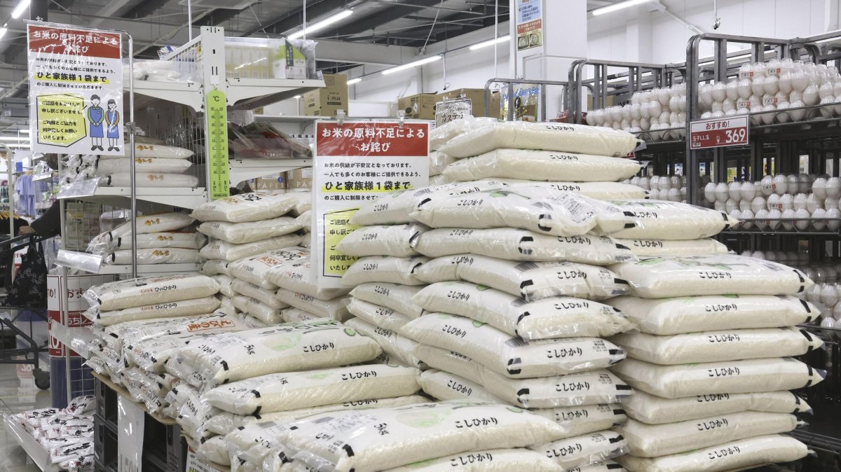 Large bags of several varieties of rice are sold at a supermarket in Hyuga, Miyazaki prefecture, Japan, May 19, 2025. (AP Photo)