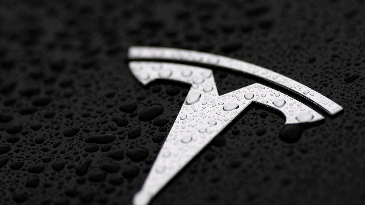 The logo of Tesla is seen on a Tesla car in Brussels, Belgium, April 24, 2025. (Reuters Photo)