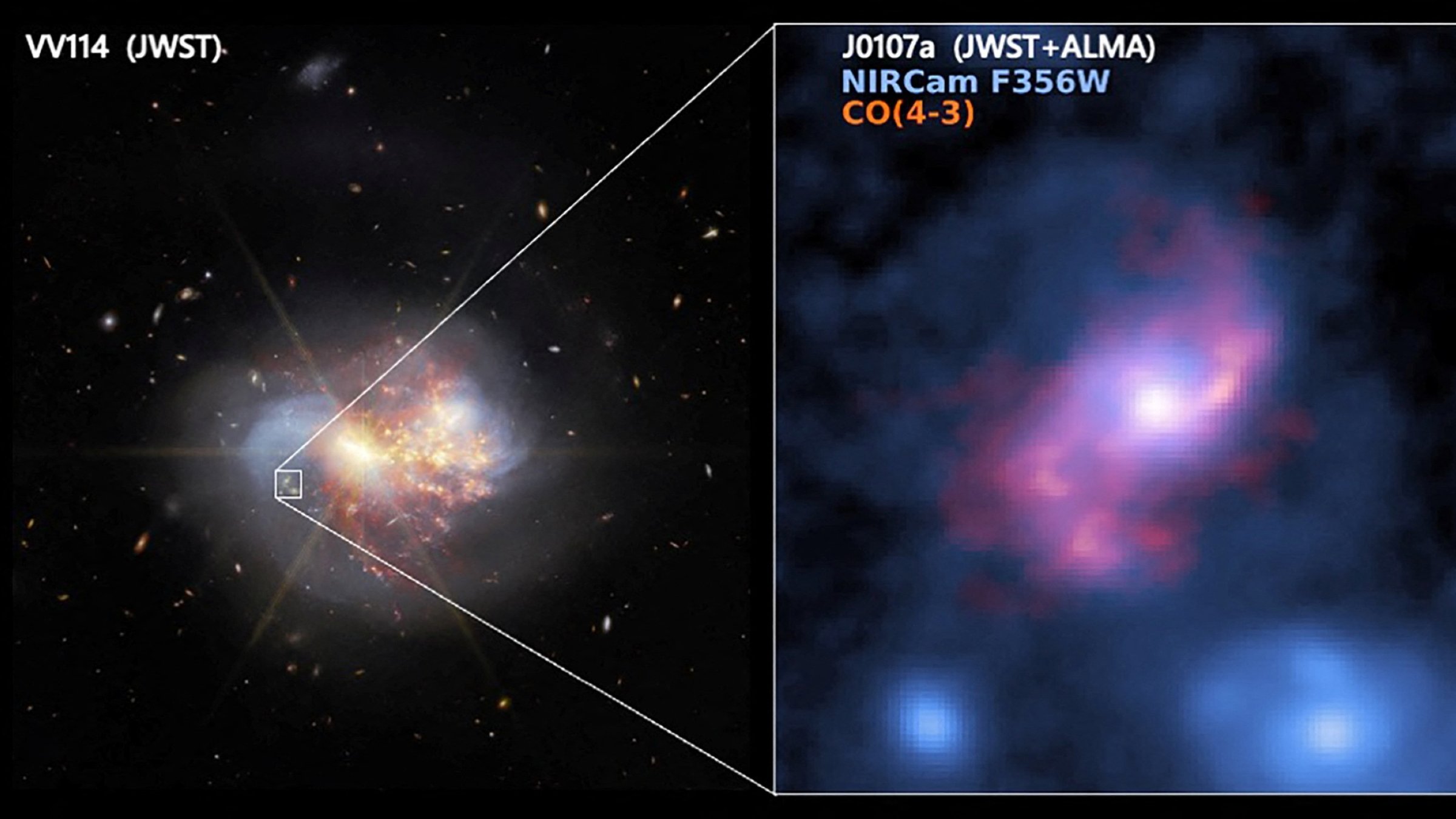 A near-infrared image shows the nearby galaxy VV114 captured by NASA&#039;s James Webb Space Telescope, with the monster barred spiral galaxy J0107a in the background, captured by the Atacama Large Millimeter/submillimeter Array and NASA&#039;s James Webb Space Telescope, in this undated image. (Reuters Photo)