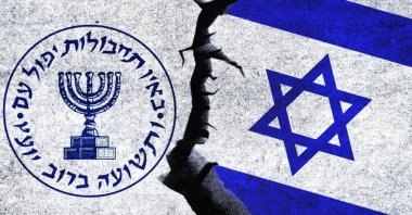 An illustration of the Israeli flag and the Mossad logo on a wall. Turkish intelligence has uncovered Mossad&#039;s recruitment of locals for espionage in the past few years in separate investigations. (Shutterstock Photo)
