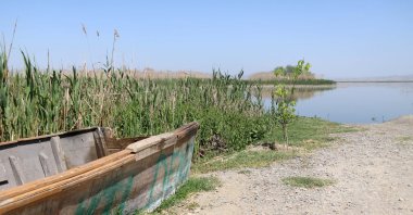 Receded shoreline and the exposed lakebed of Eber Lake, highlighting the severe drought conditions, Afyonkarahisar, Türkiye, May 26, 2025. (DHA Photo)