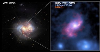 A near-infrared image shows the nearby galaxy VV114 captured by NASA&#039;s James Webb Space Telescope, with the monster barred spiral galaxy J0107a in the background, captured by the Atacama Large Millimeter/submillimeter Array and NASA&#039;s James Webb Space Telescope, in this undated image. (Reuters Photo)