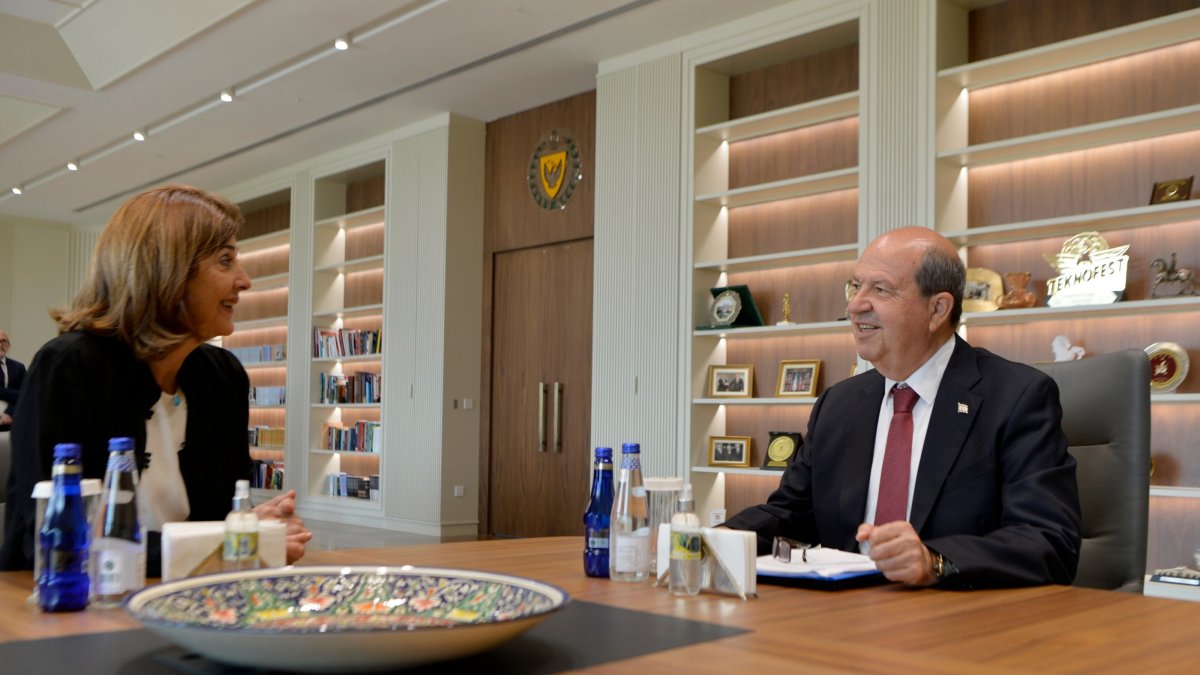 Turkish Republic of Northern Cyprus (TRNC) President Ersin Tatar is seen with the U.N.&#039;s Maria Angela Holguin Cuellar at the presidency in Lefkoşa (Nicosia), TRNC, May 26, 2025 (AA Photo)