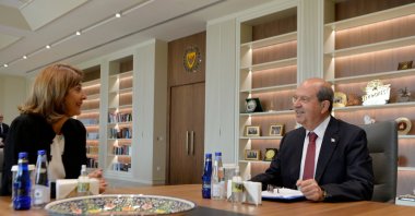 Turkish Republic of Northern Cyprus (TRNC) President Ersin Tatar is seen with the U.N.&#039;s Maria Angela Holguin Cuellar at the presidency in Lefkoşa (Nicosia), TRNC, May 26, 2025 (AA Photo)