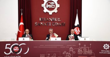 Erdal Bahçıvan, Chairperson of the Board of Directors of Istanbul Chamber of Industry (C) delivers a speech at the news conference held to announce the &quot;Top 500 Industrial Enterprises&quot; list, Istanbul, Türkiye, May 27, 2025. (AA Photo)