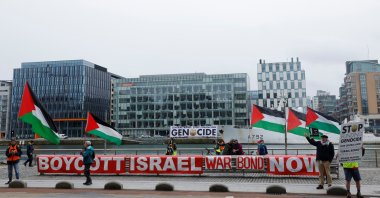 People in support of Palestinians demonstrate in front of the Central Bank of Ireland against the sale of Israeli war bonds throughout the EU, in Dublin, Ireland, May 27, 2025. (Reuters Photo)