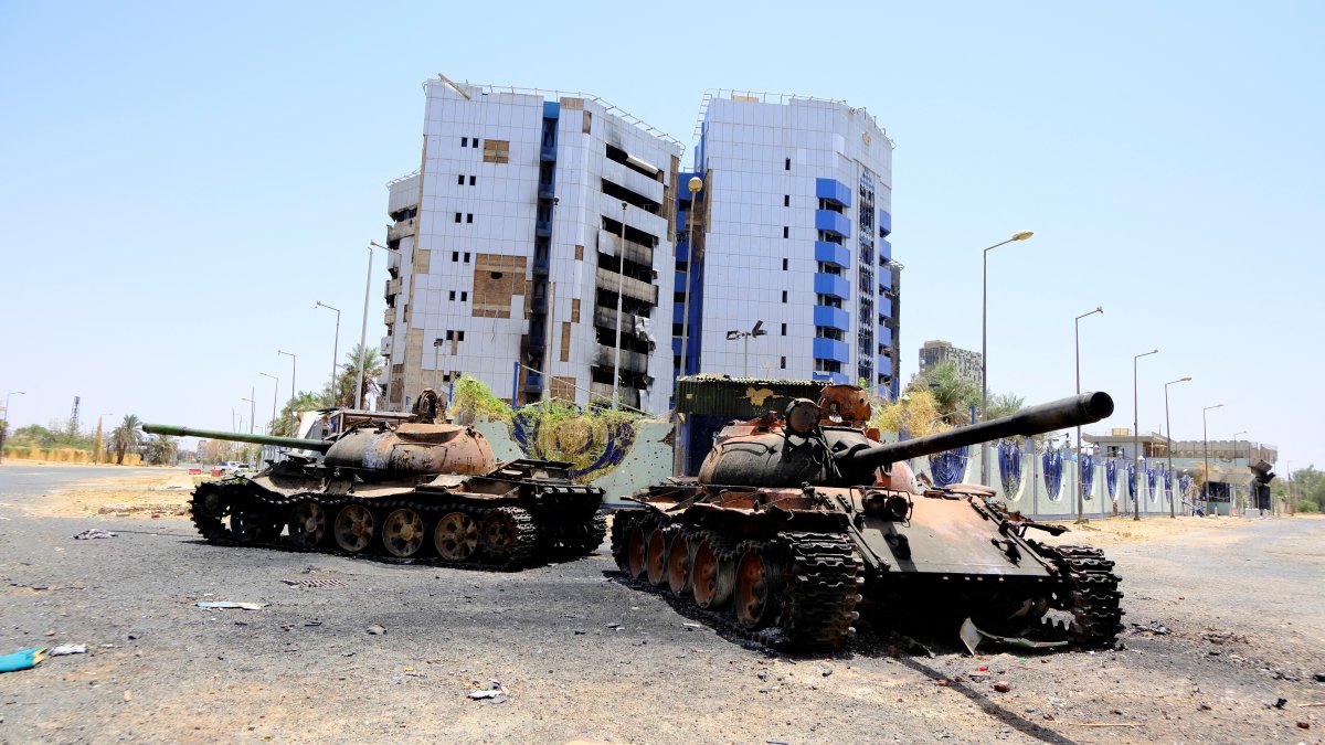 A view of damaged tanks in front of the Central Bank of Sudan building in Khartoum, Sudan, April 27, 2025. (Reuters Photo)