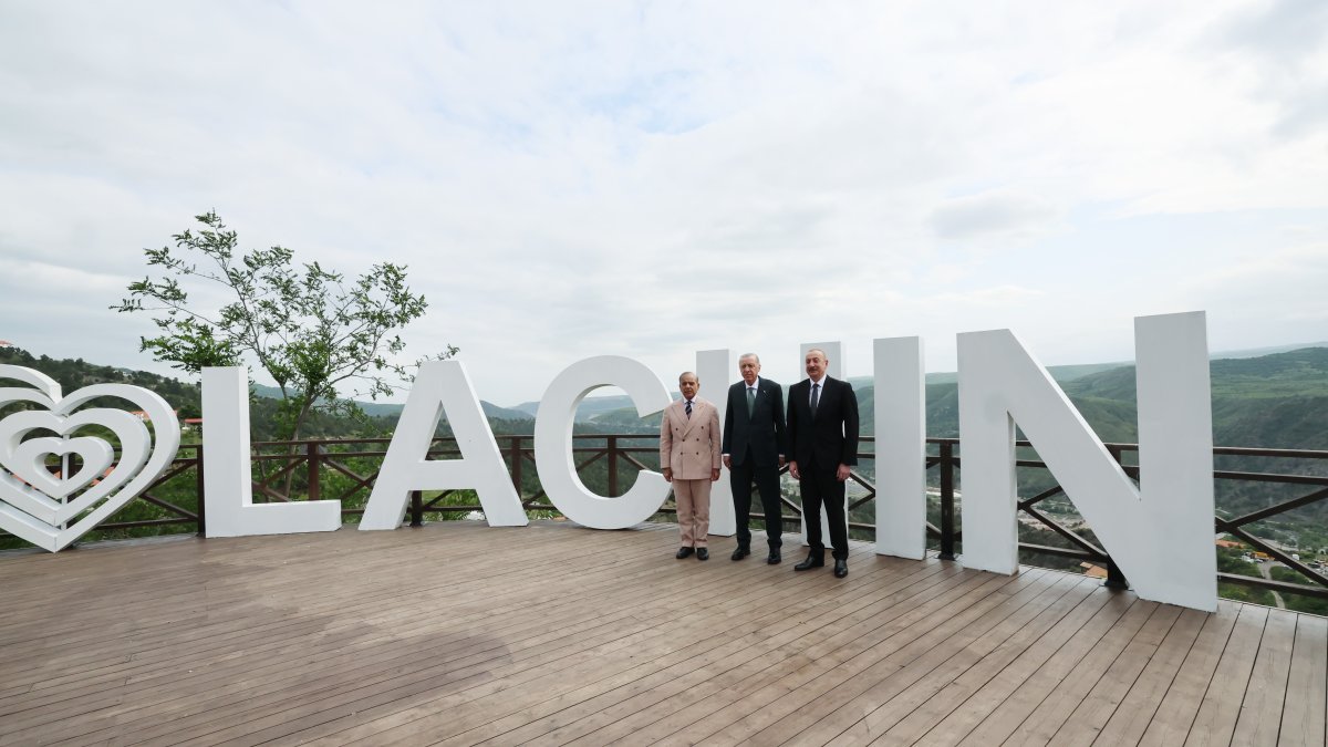 President Recep Tayyip Erdoğan, Azerbaijan&#039;s President Ilham Aliyev and Pakistan&#039;s Prime Minister Shahbaz Sherif in Lachin, Azerbaijan, May 28, 2025. (IHA Photo)