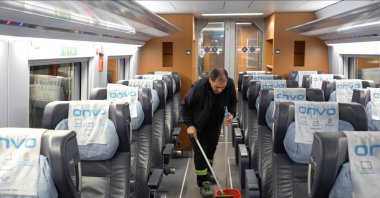 A worker cleans a high-speed train ahead of Eid al-Adha as part of Türkiye’s national hygiene awareness initiative, Ankara, Türkiye, May 28, 2025. (DHA Photo) 