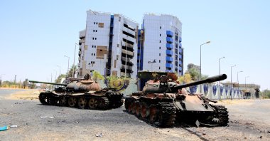A view of damaged tanks in front of the Central Bank of Sudan building in Khartoum, Sudan, April 27, 2025. (Reuters Photo)