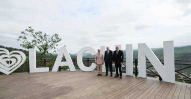 President Recep Tayyip Erdoğan, Azerbaijan&#039;s President Ilham Aliyev and Pakistan&#039;s Prime Minister Shahbaz Sherif in Lachin, Azerbaijan, May 28, 2025. (IHA Photo)