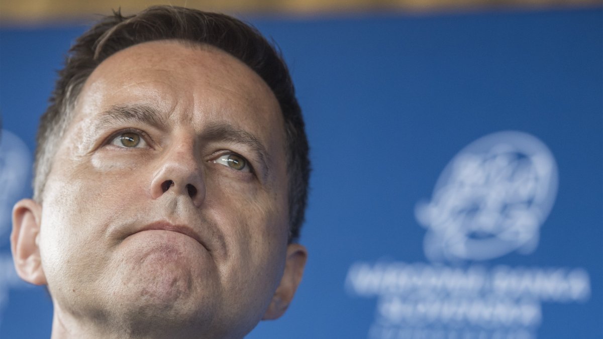 Slovakia&#039;s central bank governor, Peter Kazimir, during a press conference on &quot;Rebuilding Europe after the COVID-19 pandemic,&quot; Bratislava, Slovakia, June 29, 2020. (AP Photo)