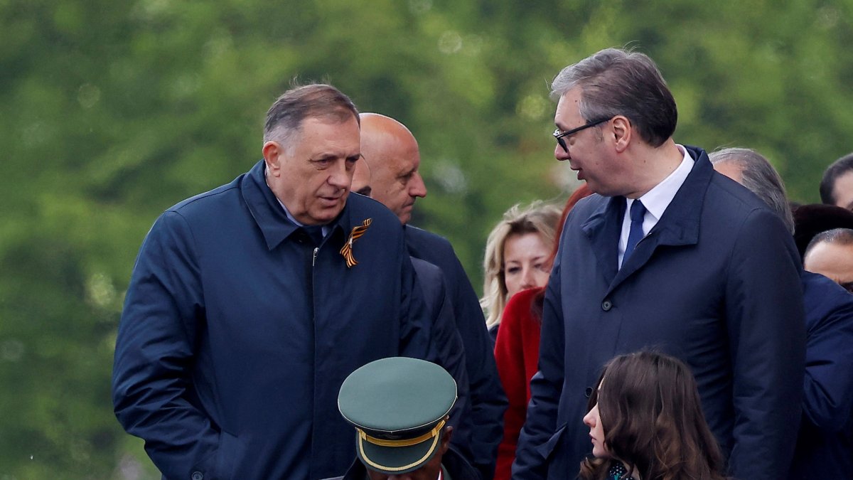 Bosnian Serb leader Milorad Dodik and Serbian President Aleksandar Vucic attend a military parade on Victory Day, marking the 80th anniversary of the victory over Nazi Germany in World War II in Red Square in central Moscow, Russia, May 9, 2025. (Reuters Photo)