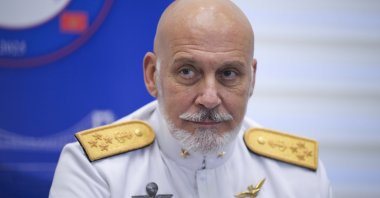 NATO Military Committee Chair Adm. Giuseppe Cavo Dragone speaks at a news briefing following the 18th Conference of the Chiefs of Staff of the Balkan Countries, at the Multinational Joint Warfare Center Command, Istanbul, Türkiye, May 28, 2025. (AA Photo)