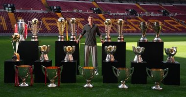 Galatasaray&#039;s Fernando Muslera poses with all the trophies he has won with the club at the RAMS Park in Istanbul, Türkiye, on May 29, 2025. (IHA Photo)
