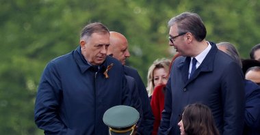Bosnian Serb leader Milorad Dodik and Serbian President Aleksandar Vucic attend a military parade on Victory Day, marking the 80th anniversary of the victory over Nazi Germany in World War II in Red Square in central Moscow, Russia, May 9, 2025. (Reuters Photo)