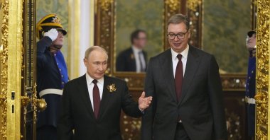 Russian President Vladimir Putin and Serbian President Aleksandar Vucic enter the hall during their meeting in the Kremlin, Moscow, Russia, May 9, 2025. (EPA Photo)