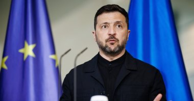 Ukrainian President Volodymyr Zelensky gestures as he speaks during a joint press conference with German Chancellor Friedrich Merz (not pictured) at the Chancellery in Berlin, Germany, May, 28, 2025. (EPA Photo)