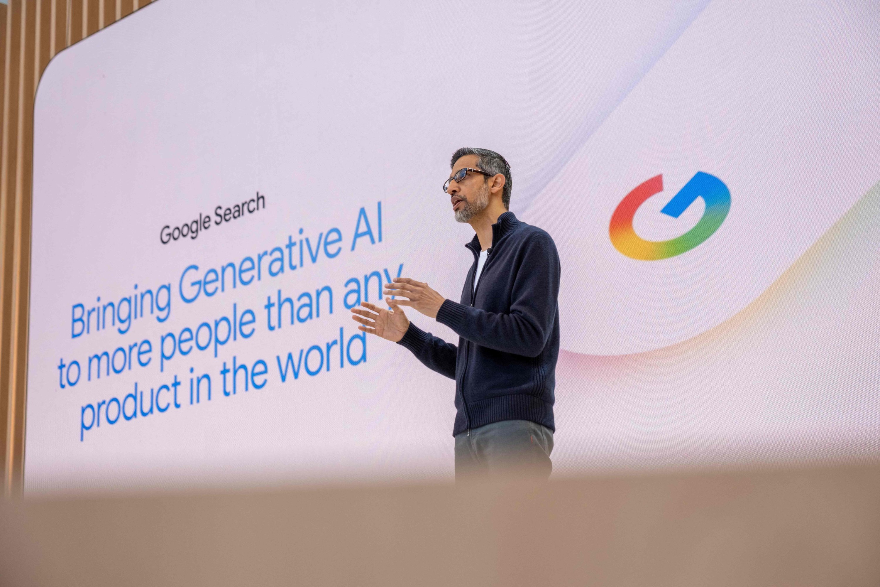 Google CEO Sundar Pichai addresses the crowd during Google's annual I/O developers conference in Mountain View, California, U.S., May 20, 2025. (AFP Photo)