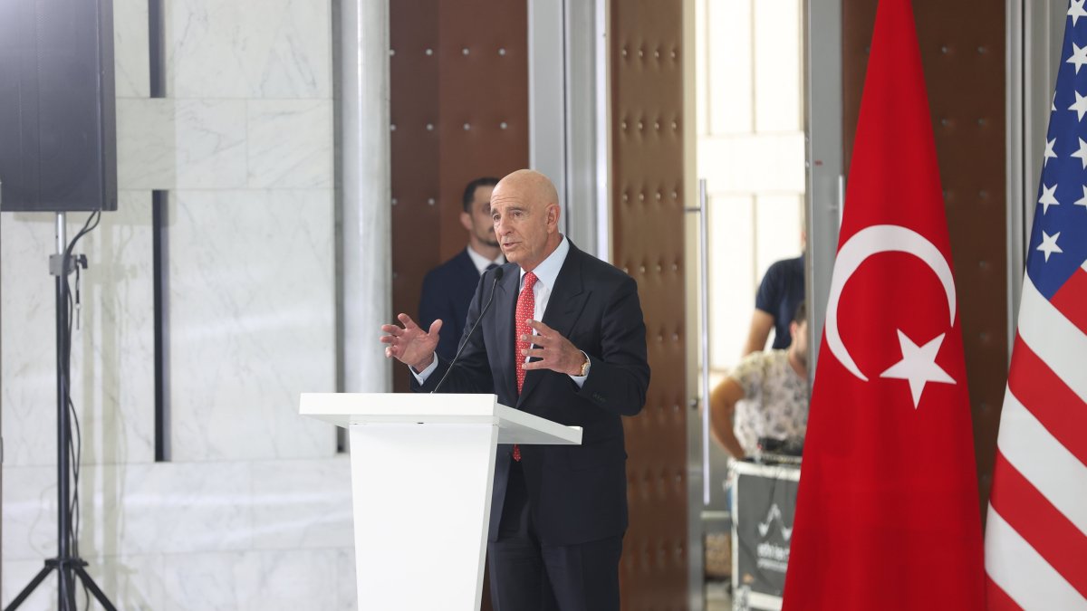U.S. Ambassador to Türkiye and Special Envoy for Syria Tom Barrack speaks at the signing ceremony for a $7 billion energy investment in Syria by Kalyon Holding, Cengiz Holding, Qatar-based UCC, and U.S.-based Power International, May 29, 2025. (AA Photo)