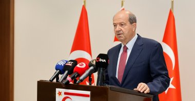 Turkish Republic of Northern Cyprus (TRNC) President Ersin Tatar speaks at a press conference, Lefkoşa (Nicosia), TRNC, May 29, 2025. (AA Photo)