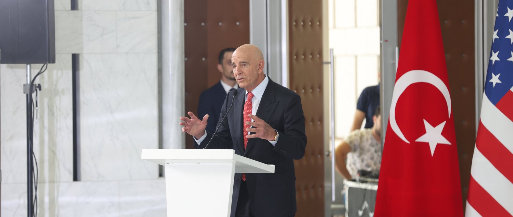 U.S. Ambassador to Türkiye and Special Envoy for Syria Tom Barrack speaks at the signing ceremony for a $7 billion energy investment in Syria by Kalyon Holding, Cengiz Holding, Qatar-based UCC, and U.S.-based Power International, May 29, 2025. (AA Photo)