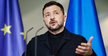 Ukrainian President Volodymyr Zelenskyy gestures as he speaks during a joint press conference with German Chancellor Friedrich Merz at the Chancellery, Berlin, Germany, May 28, 2025. (EPA Photo)