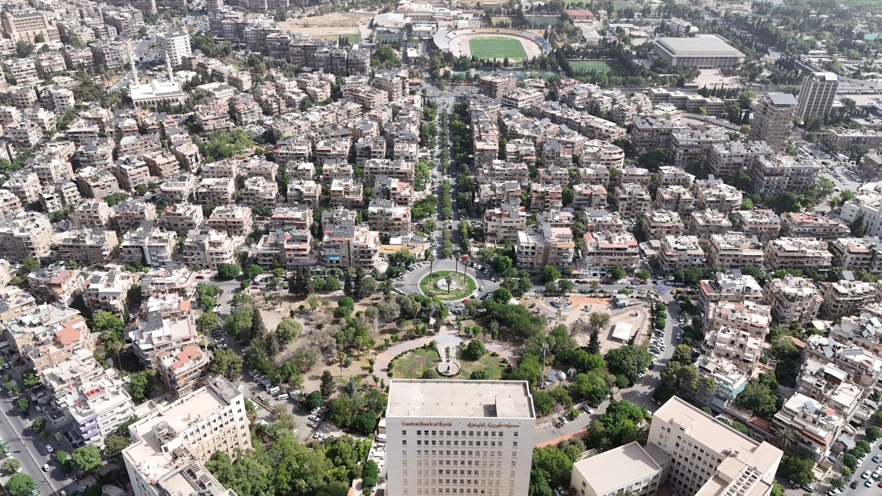 A picture taken with a drone shows the Central Bank of Syria and the Seven Seas Square, Damascus, Syria, May 14, 2025. (EPA Photo)