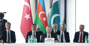 The Turkish, Azerbaijani and Pakistani flags stand behind President Recep Tayyip Erdoğan (C) as he speaks during the summit, Lachin, Azerbaijan, May 28, 2025. (İHA Photo)
