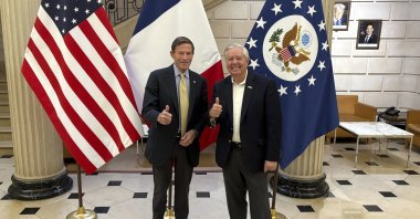 Sen. Richard Blumenthal, D-Conn., left, and Sen. Lindsey Graham, R-S.C thumb up during a news event at the US embassy to France, Paris, France, June 1, 2025. (AP Photo)