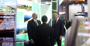 Energy and Natural Resources Minister Alparslan Bayraktar (R) and Azerbaijan&#039;s President Ilham Aliyev (L) meet on the sidelines of the Baku Energy Week, Baku, Azerbaijan, June 2, 2025. (AA Photo)