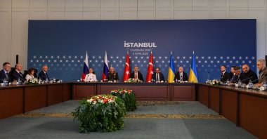 The Russian delegation, led by presidential adviser, Vladimir Medinsky, Chief of the Turkish General Staff, Metin Gürak, Turkish Foreign Minister Hakan Fidan, intelligence chief, Ibrahim Kalın, and the Ukrainian delegation led by Ukrainian Defence Minister Rustem Umerov, attend a meeting at Çırağan Palace on the day of the second round of peace talks between Russia and Ukraine, Istanbul, Türkiye, June 2, 2025. (Reuters Photo)