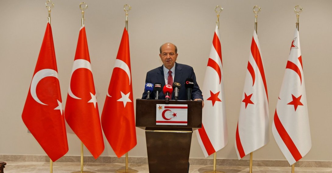TRNC President Ersin Tatar speaks to reporters in Lefkoşa, May 29, 2025. (AA File Photo)